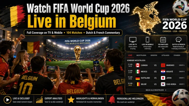 Belgian football fans watching FIFA World Cup 2026 live on TV and mobile.