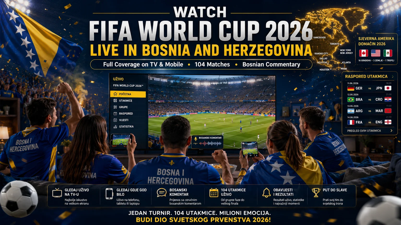 Bosnian football fans watching FIFA World Cup 2026 live on television and mobile devices.