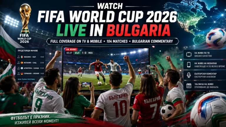 Bulgarian football fans watching FIFA World Cup 2026 live on TV and phones.