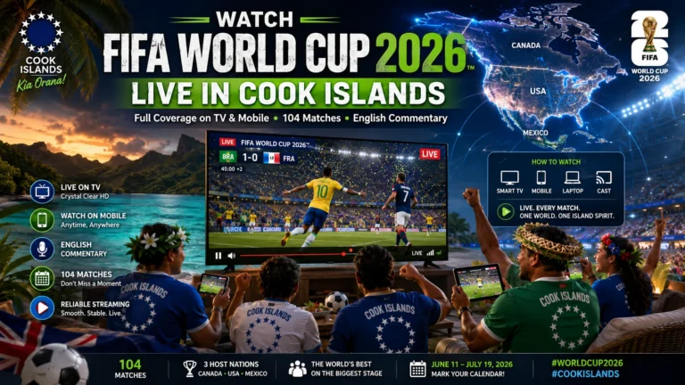 Cook Islands football fans watching FIFA World Cup 2026 live on TV and smartphones.