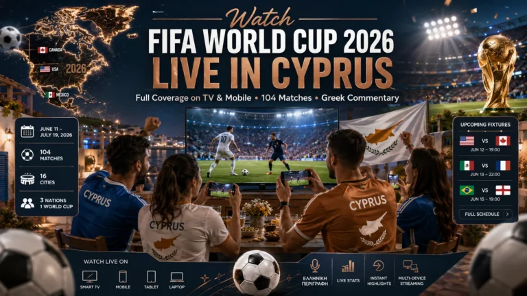 Cypriot football fans watching FIFA World Cup 2026 live on television and smartphones.