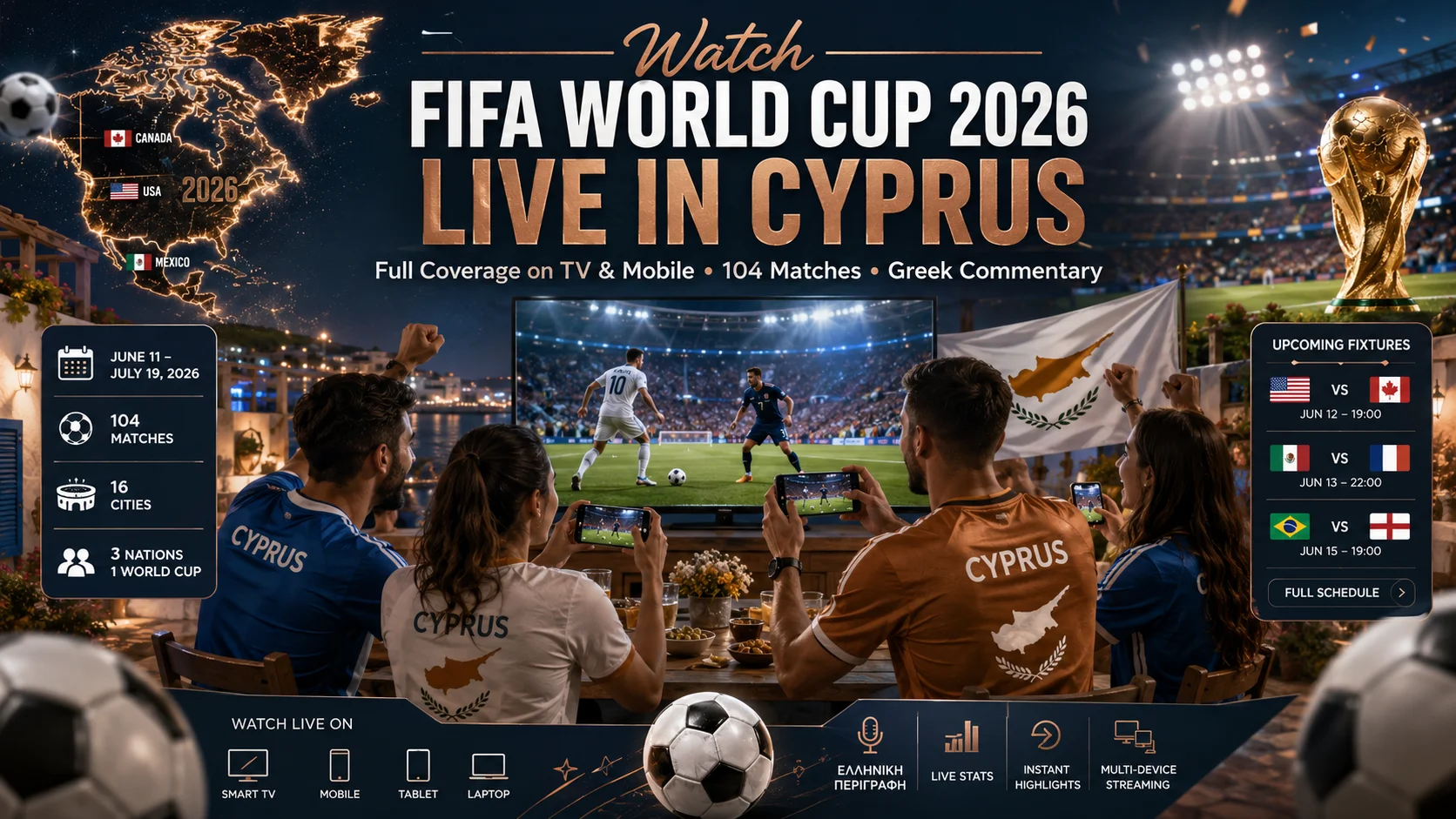 Cypriot football fans watching FIFA World Cup 2026 live on television and smartphones.