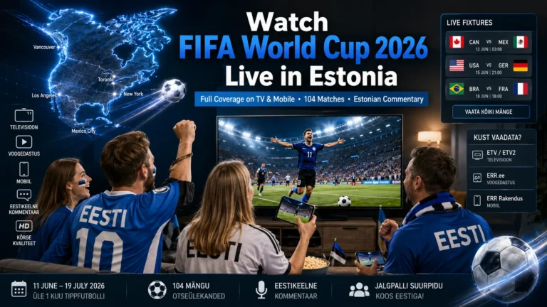 Estonian football fans watching FIFA World Cup 2026 live on TV and mobile phones.