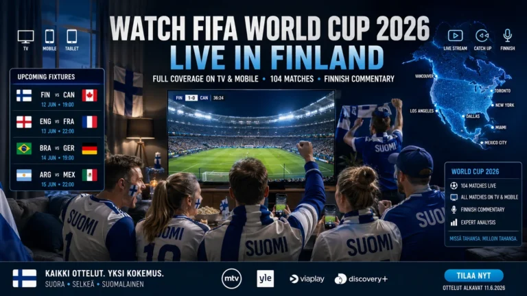 Finnish football fans watching FIFA World Cup 2026 live on TV and smartphones.