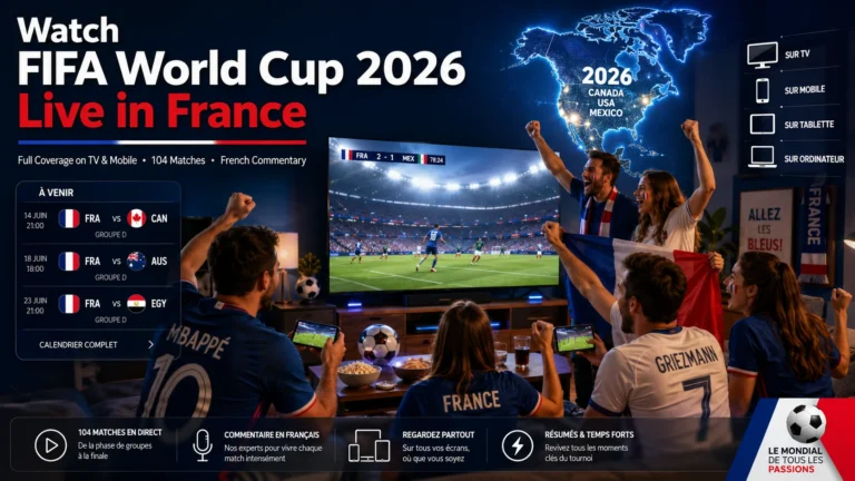 French football fans watching FIFA World Cup 2026 live on TV and mobile devices.