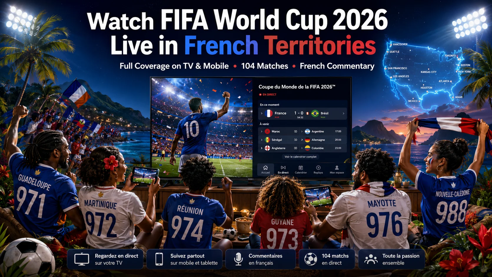 Fans from French territories watching FIFA World Cup 2026 live on TV and mobile.