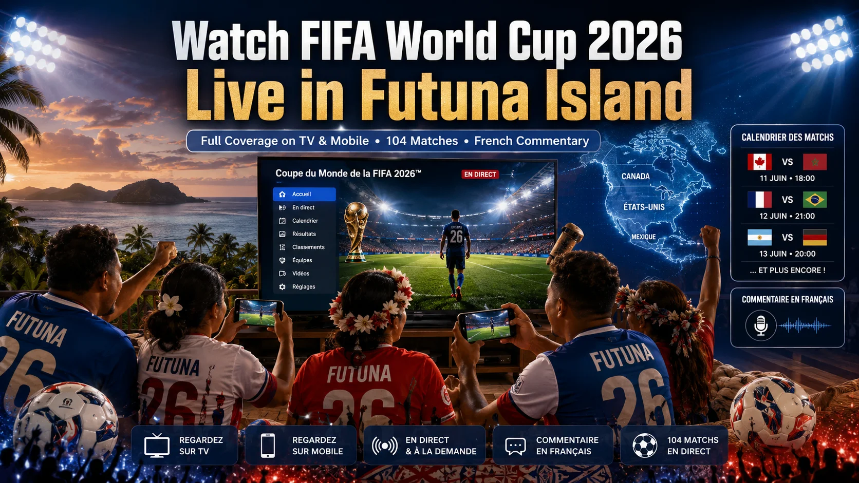 Futuna Island football fans watching FIFA World Cup 2026 live on TV and mobile.