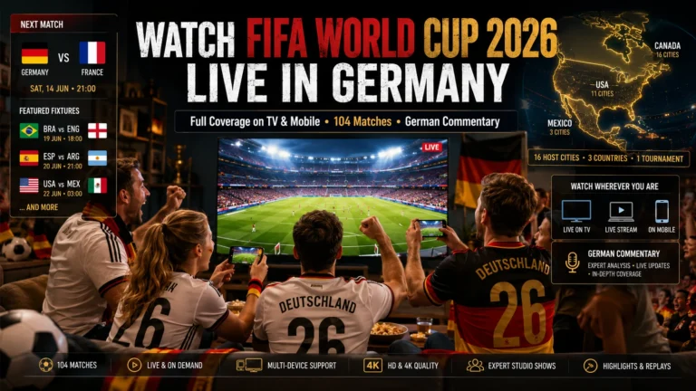 German football fans watching FIFA World Cup 2026 live on television and smartphones.