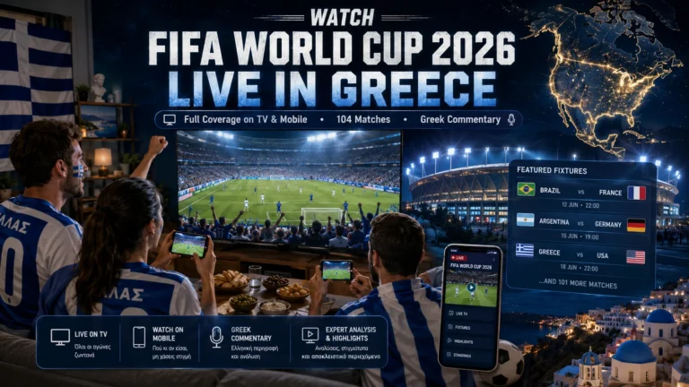 Greek football fans watching FIFA World Cup 2026 live on television and mobile.