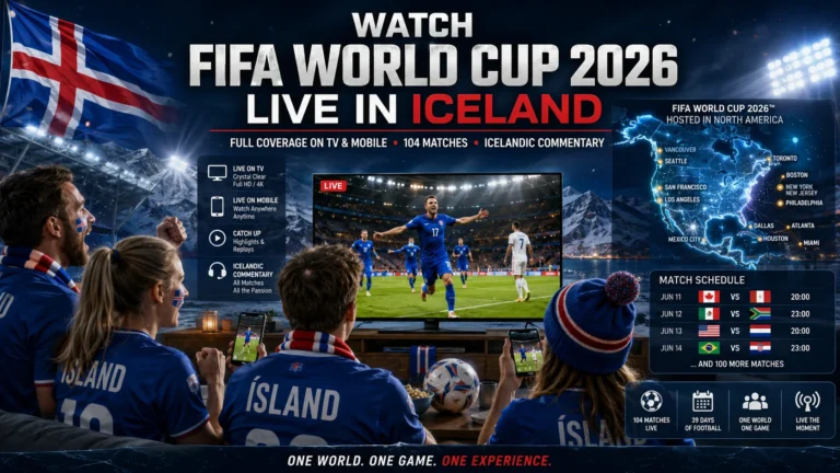 Icelandic football fans watching FIFA World Cup 2026 live on TV and smartphones.