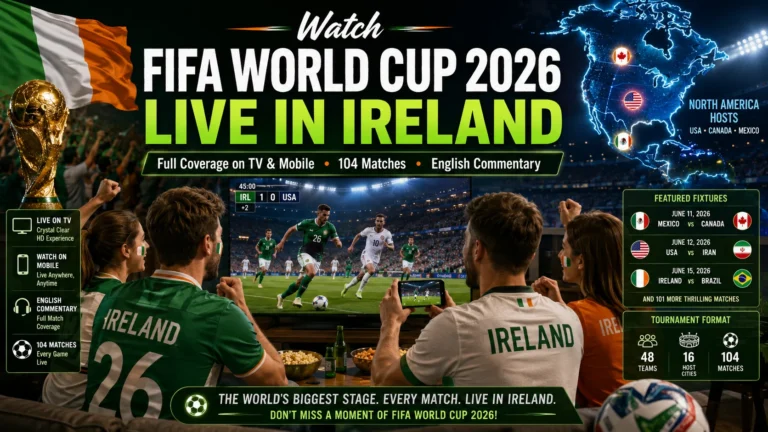 Irish football fans watching FIFA World Cup 2026 live on TV and mobile.