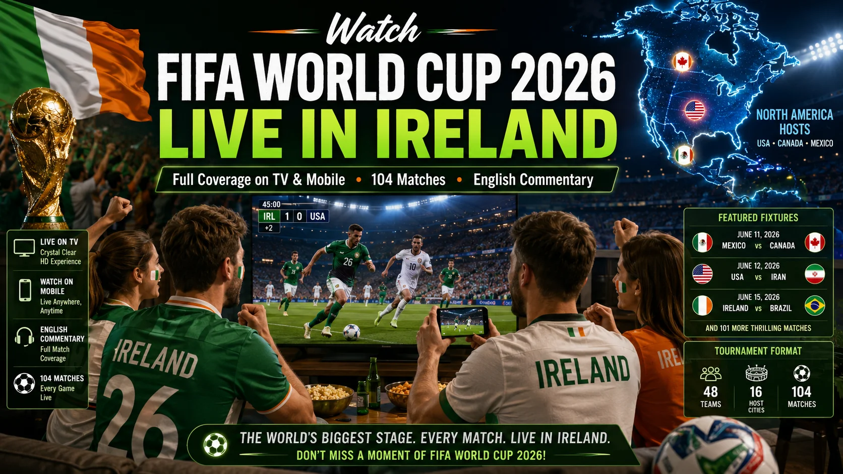 Irish football fans watching FIFA World Cup 2026 live on TV and mobile.