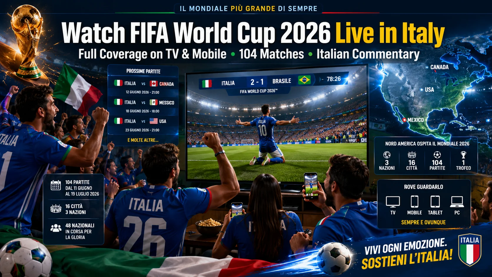 Italian football fans watching FIFA World Cup 2026 live on TV and mobile devices.