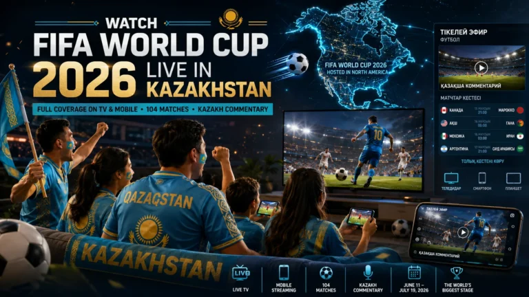 Kazakh football fans watching FIFA World Cup 2026 live on TV and smartphones.