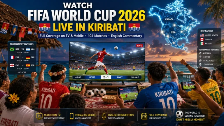 Kiribati football fans watching FIFA World Cup 2026 live on TV and smartphones.