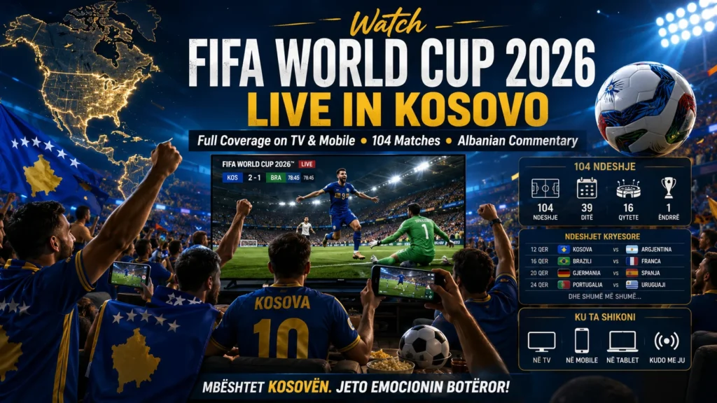 Kosovar football fans watching FIFA World Cup 2026 live on TV and mobile.