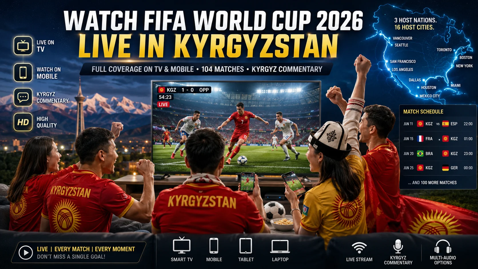 Kyrgyz football fans watching FIFA World Cup 2026 live on TV and smartphones.