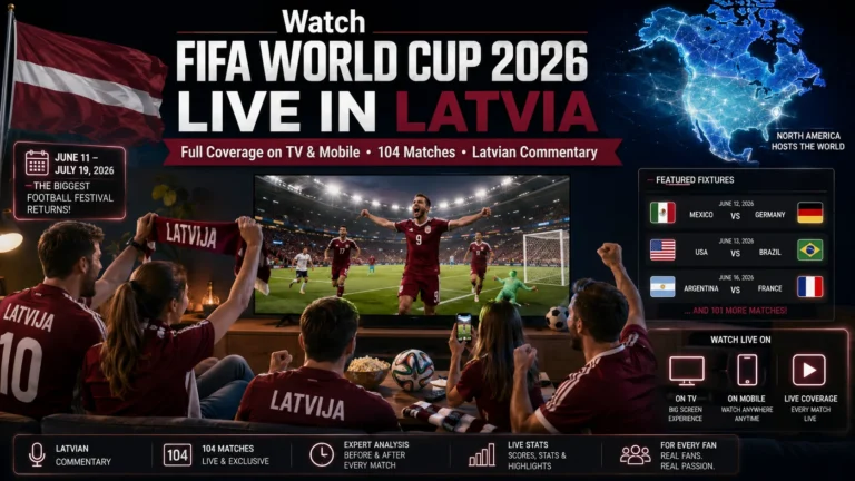 Latvian football fans watching FIFA World Cup 2026 live on television and mobile.