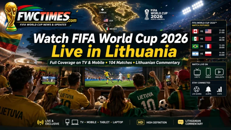 Lithuanian football fans watching FIFA World Cup 2026 live on TV and phones.