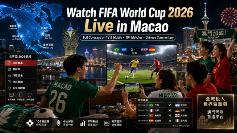 Macao football fans watching FIFA World Cup 2026 live on TV and mobile.