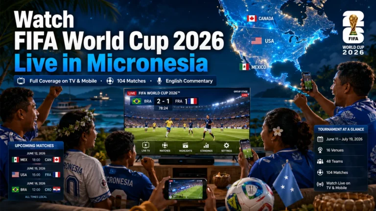 Micronesian football fans watching FIFA World Cup 2026 live on TV and mobile.