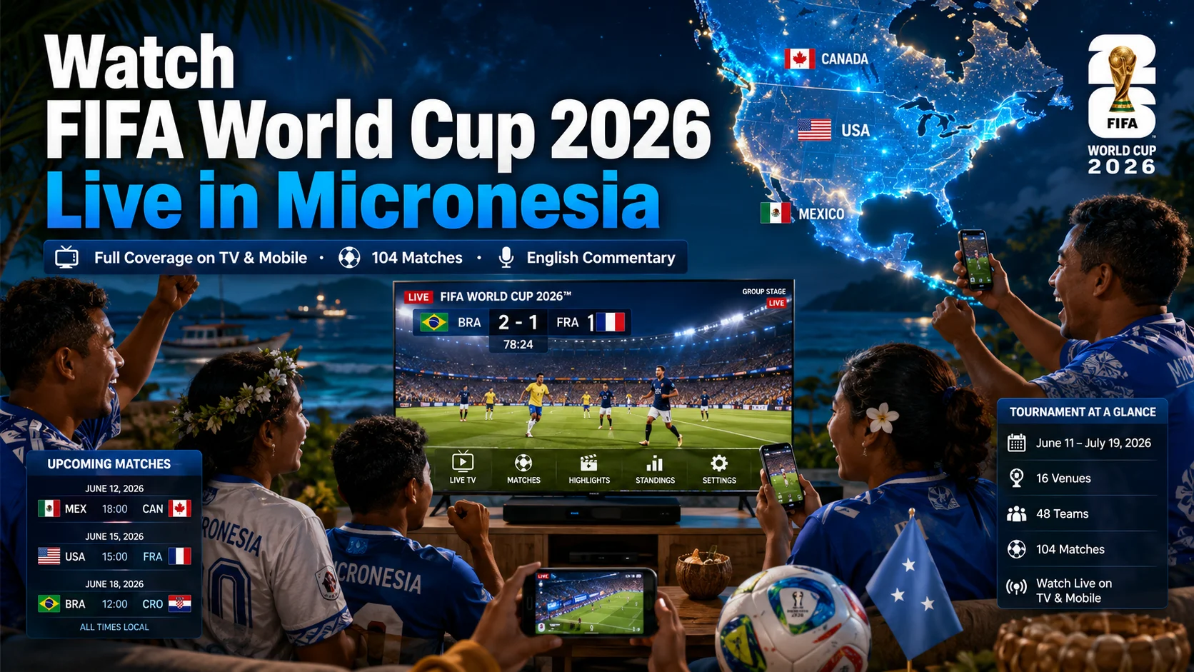 Micronesian football fans watching FIFA World Cup 2026 live on TV and mobile.