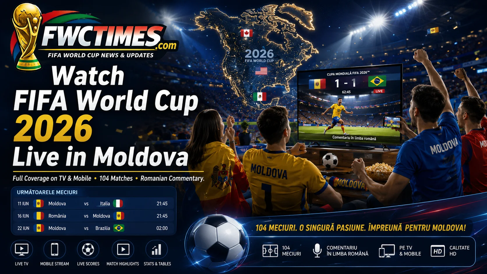 Moldovan football fans watching FIFA World Cup 2026 live on TV and smartphones.