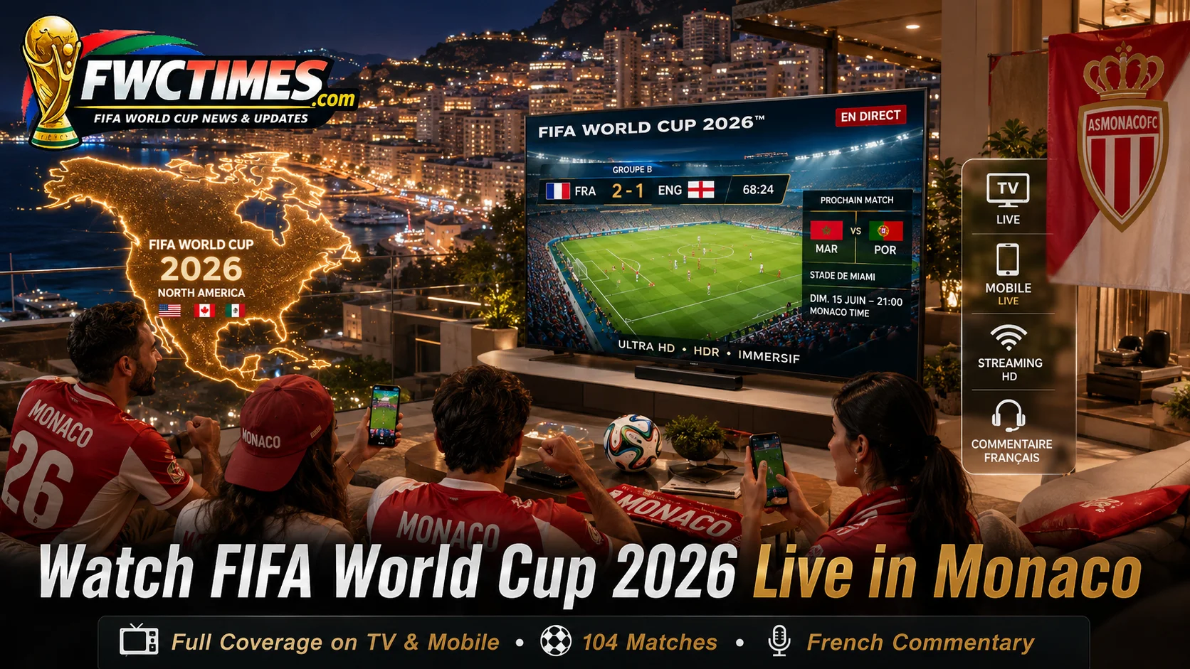 Monaco football fans watching FIFA World Cup 2026 live on TV and mobile.