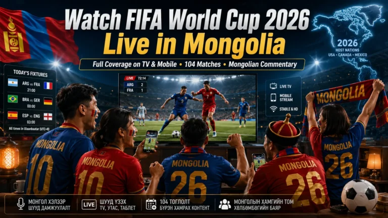 Mongolian football fans watching FIFA World Cup 2026 live on TV and smartphones.