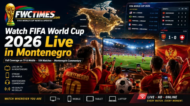 Montenegrin football fans watching FIFA World Cup 2026 live on TV and smartphones.