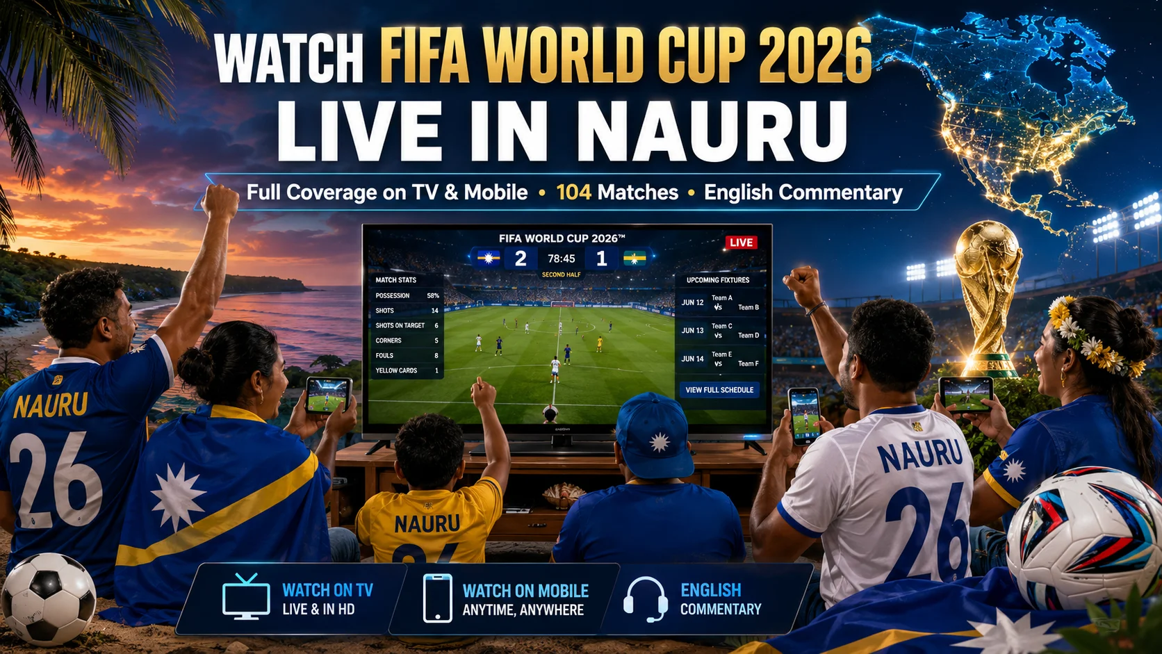 Nauru football fans watching FIFA World Cup 2026 live on television and mobile.