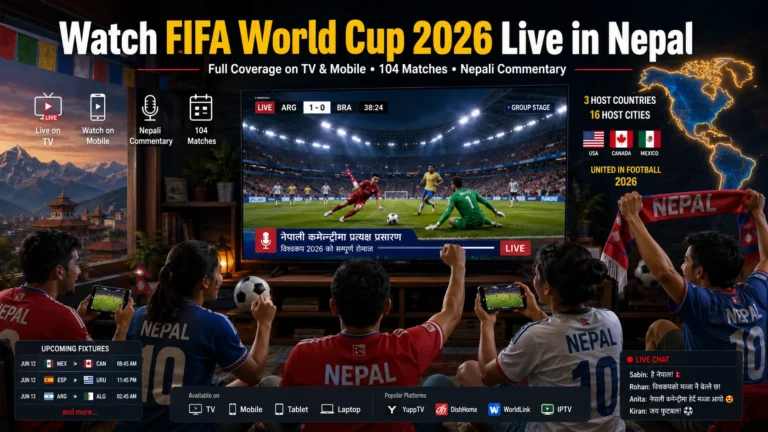 Nepali football fans watching FIFA World Cup 2026 live on TV and smartphones.