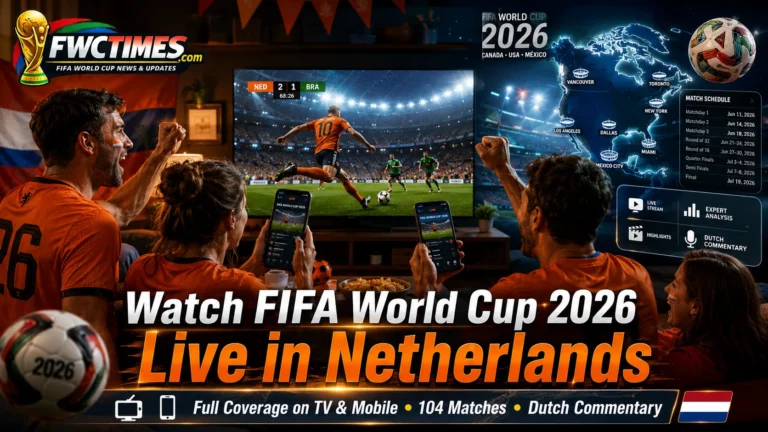 Dutch football fans in orange watching FIFA World Cup 2026 live on TV and mobile.