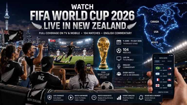 New Zealand football fans watching FIFA World Cup 2026 live on TV and smartphones.