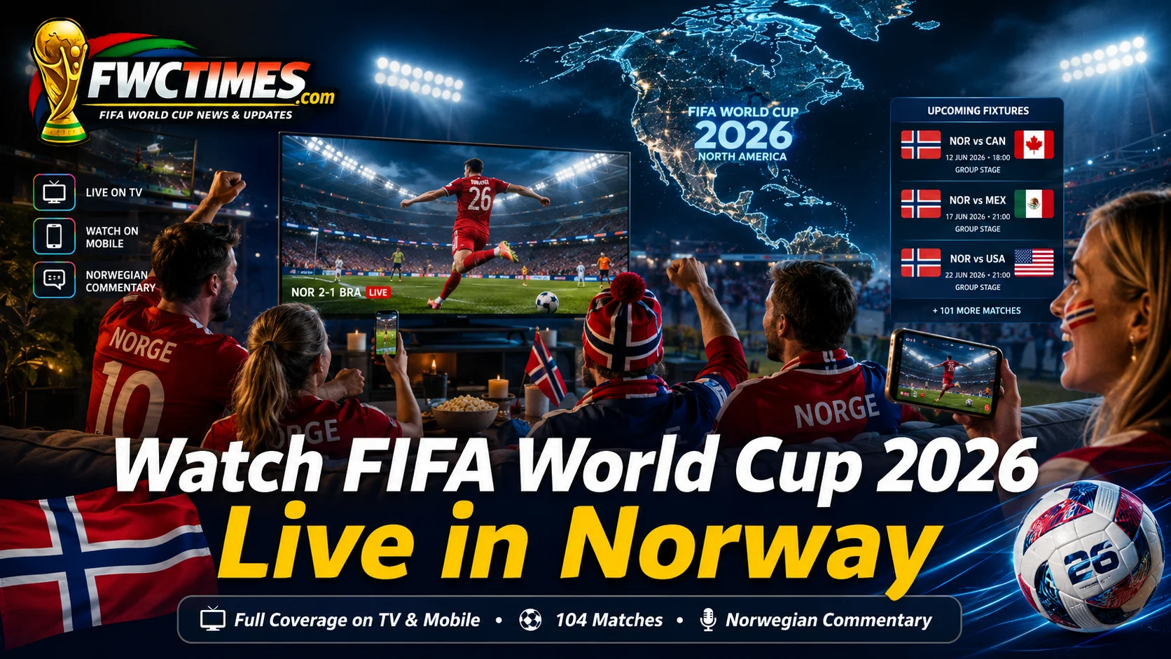 Norwegian football fans watching FIFA World Cup 2026 live on television and smartphones.