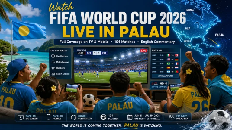 Palau football fans watching FIFA World Cup 2026 live on TV and smartphones.