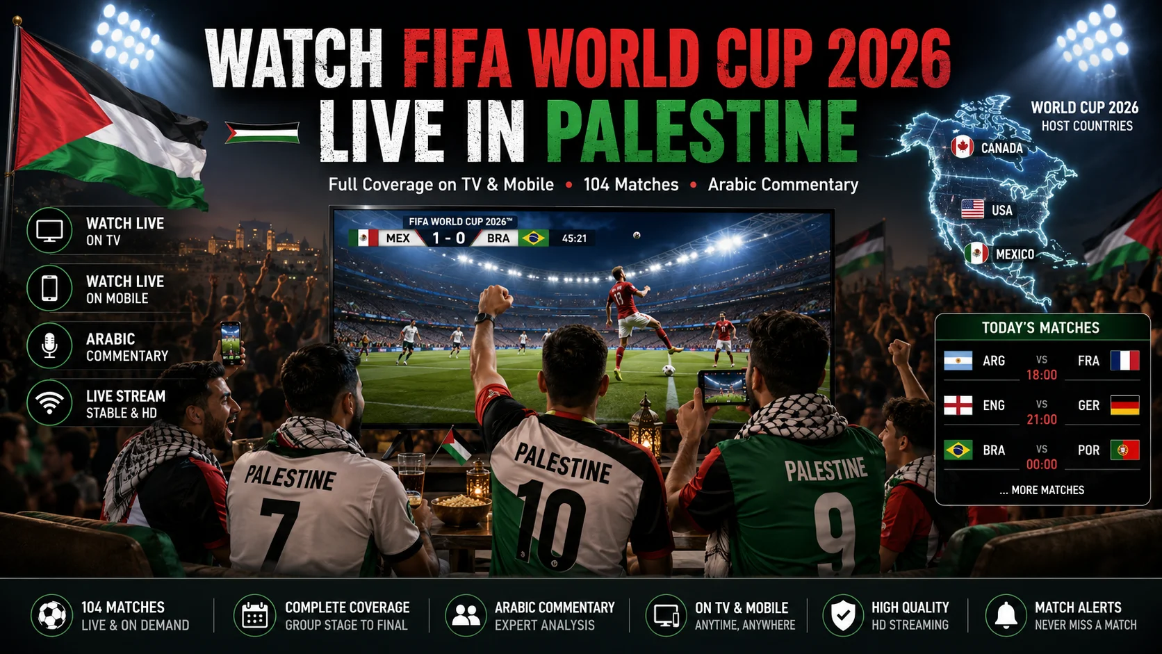 Palestinian football fans watching FIFA World Cup 2026 live on TV and mobile.