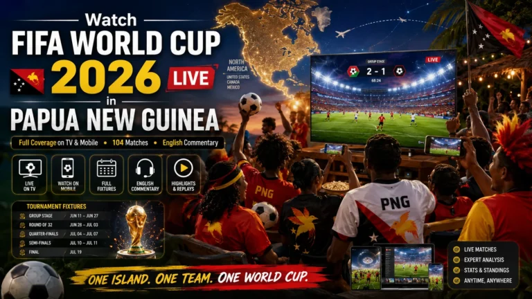 Papua New Guinean football fans watching FIFA World Cup 2026 live on TV and mobile.