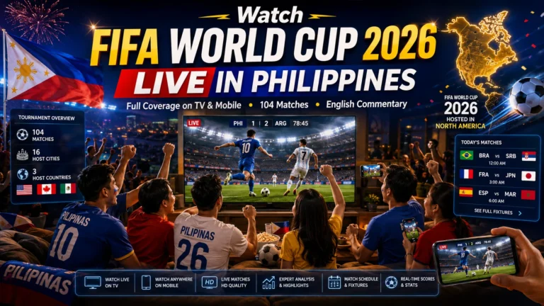 Filipino football fans watching FIFA World Cup 2026 live on TV and smartphones.