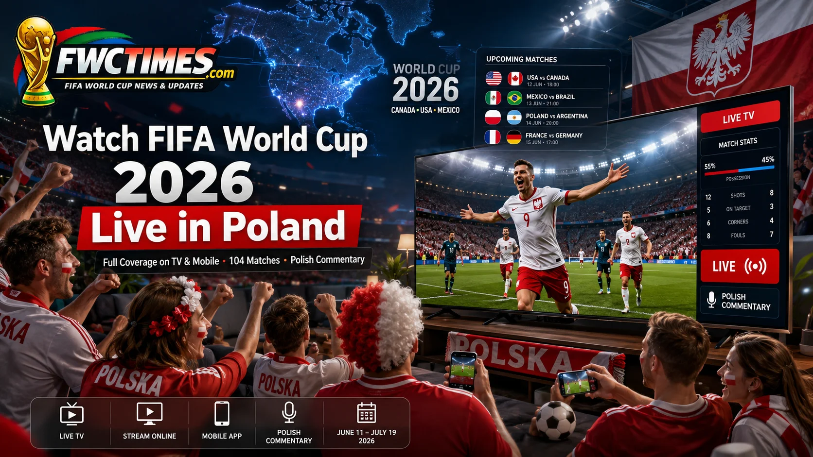 Polish football fans watching FIFA World Cup 2026 live on TV and mobile devices.