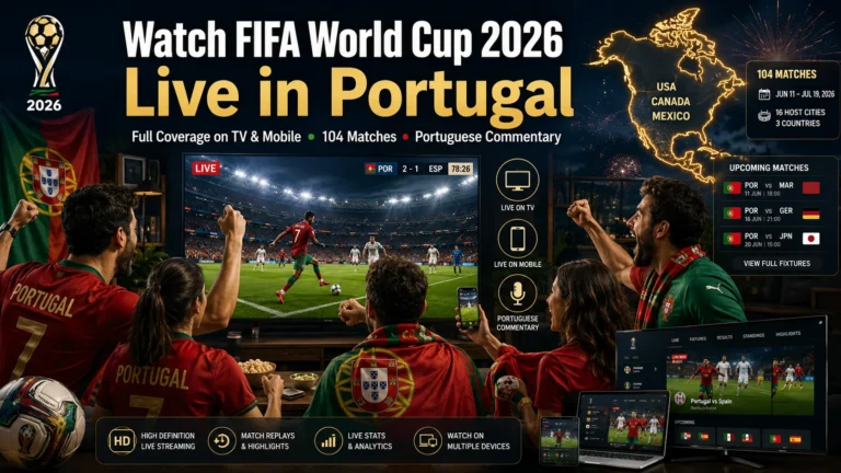 Portuguese football fans watching FIFA World Cup 2026 live on TV and mobile devices.