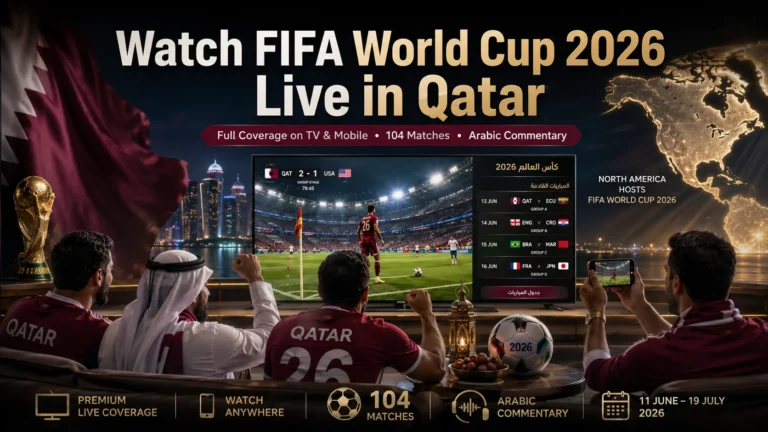 Qatari football fans watching FIFA World Cup 2026 live on TV and mobile.