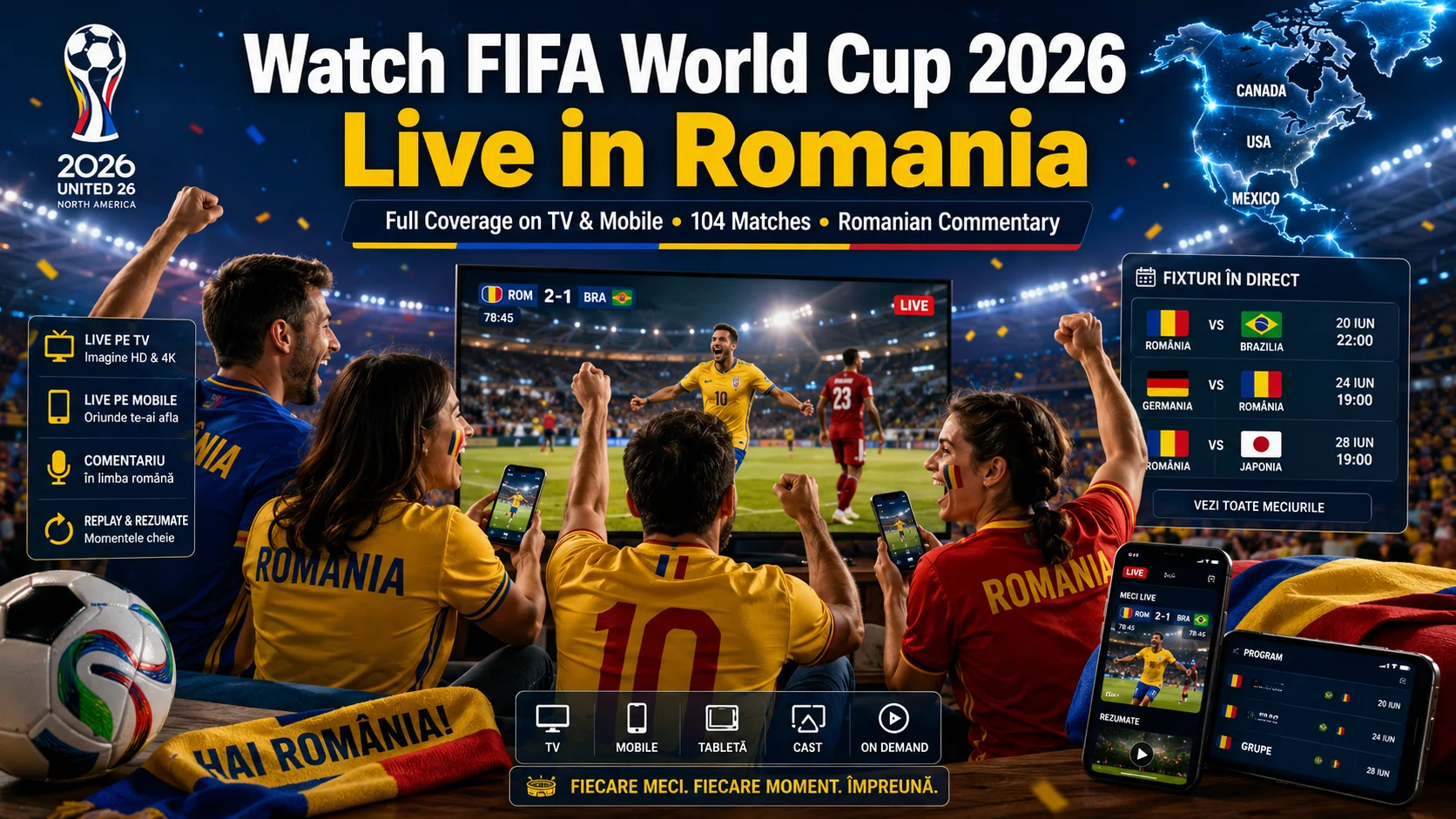 Romanian football fans watching FIFA World Cup 2026 live on TV and mobile.