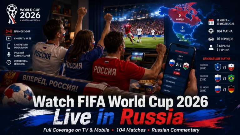 Russian football fans watching FIFA World Cup 2026 live on television and smartphones.