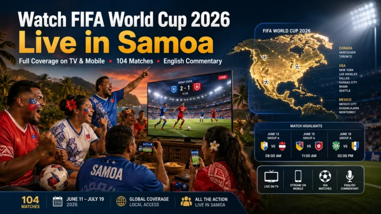 Samoan football fans watching FIFA World Cup 2026 live on TV and mobile devices.