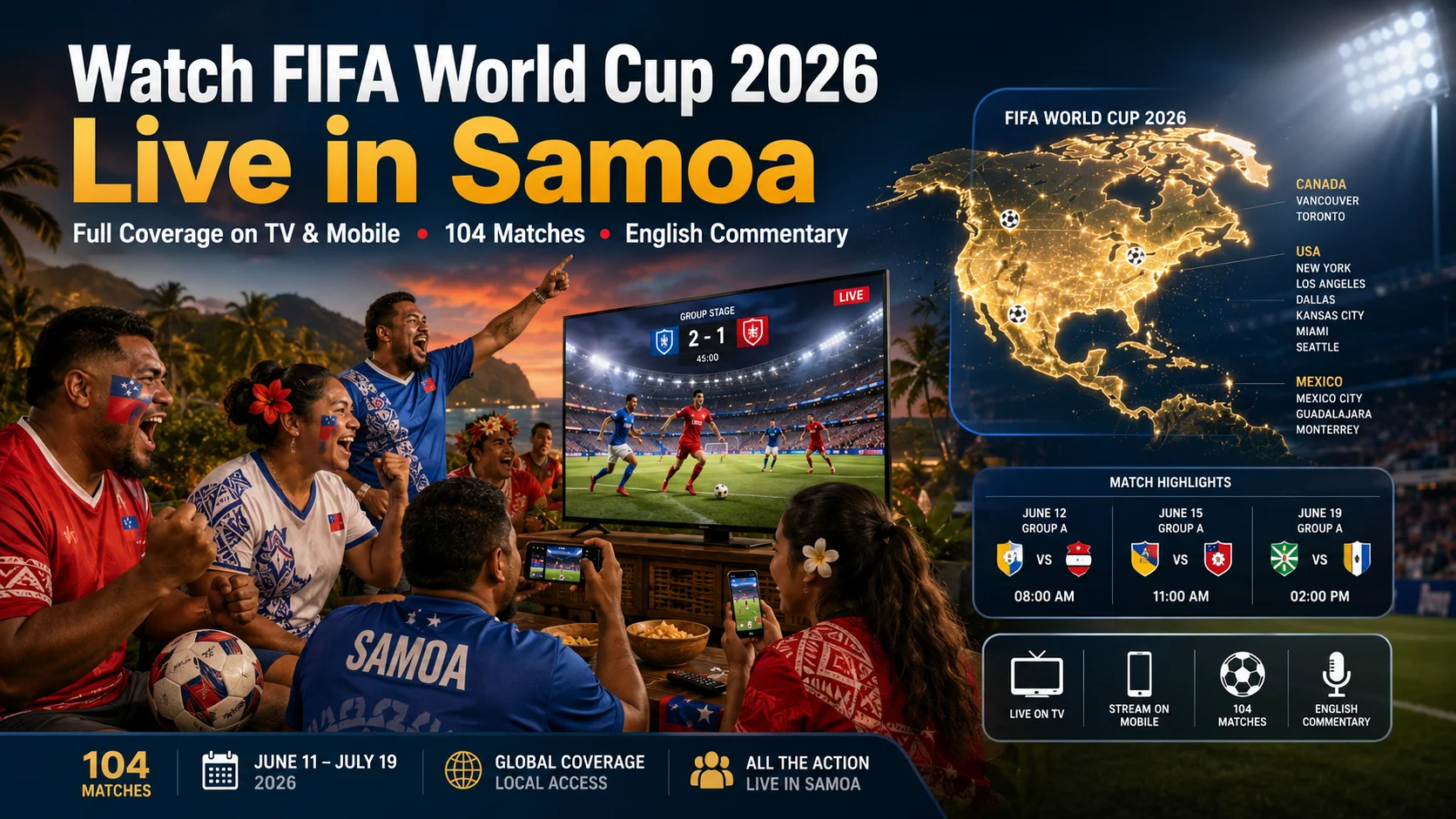 Samoan football fans watching FIFA World Cup 2026 live on TV and mobile devices.