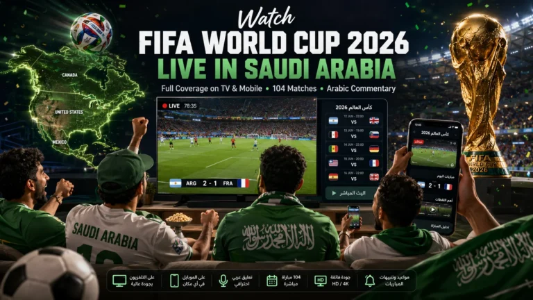Saudi football fans watching FIFA World Cup 2026 live on TV and smartphones.