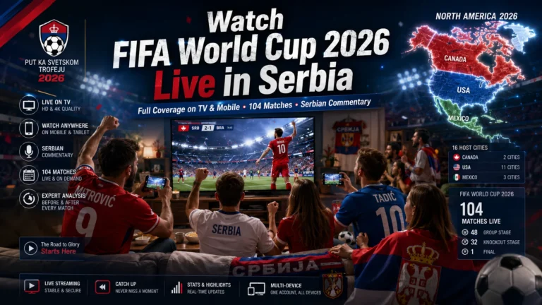Serbian football fans watching FIFA World Cup 2026 live on TV and mobile.
