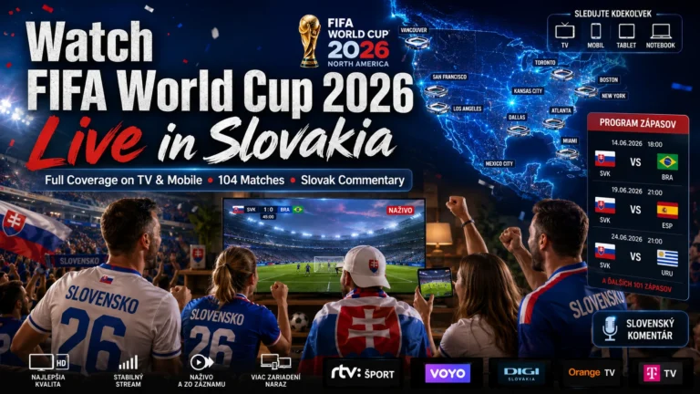 Slovak football fans watching FIFA World Cup 2026 live on television and smartphones.