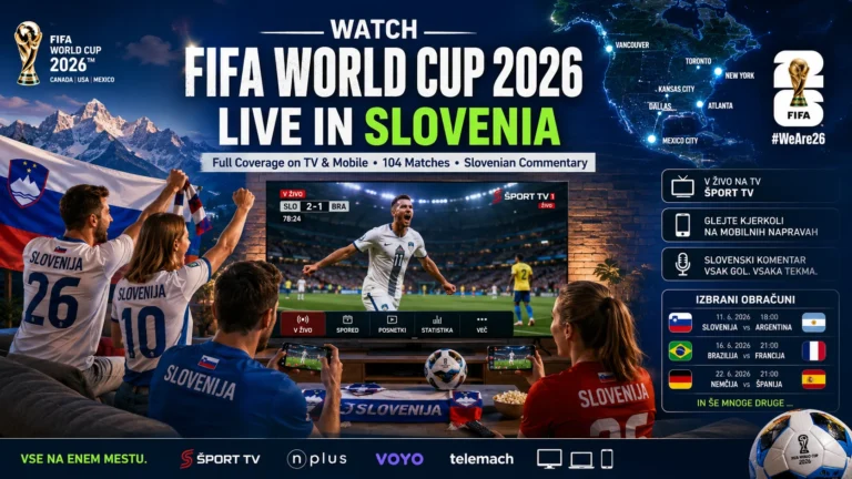 Slovenian football fans watching FIFA World Cup 2026 live on TV and mobile.